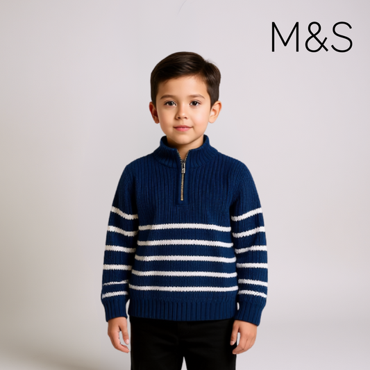 Boys Half-Zip Sweater - Royal Blue with White Stripes