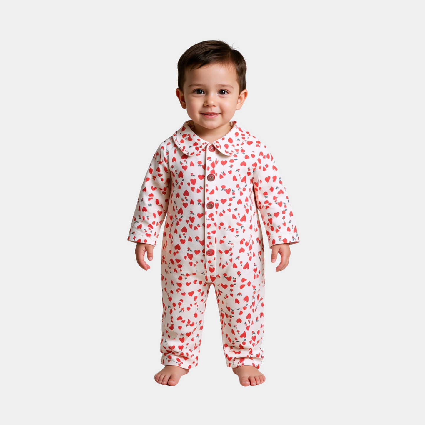 Baby Girls Full Sleeve Sleepsuit – White with Red Hearts & Frill Neck