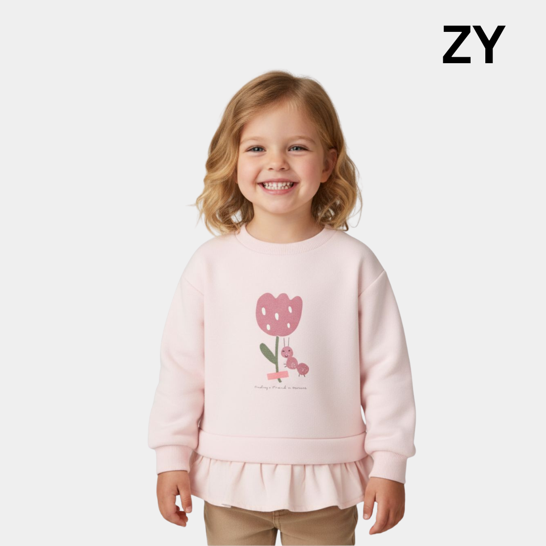 Girls Brushed Sweatshirt – Light Pink Flower & Ant Print