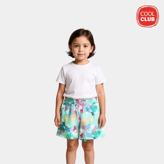 Girls Chambray Cotton Printed Shorts - Sea Green Color