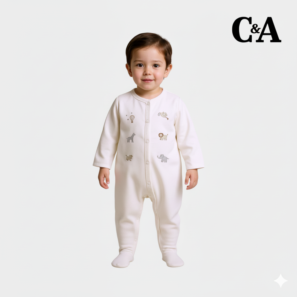 Baby Unisex Velour Sleepsuit – Cream with Safari Animals