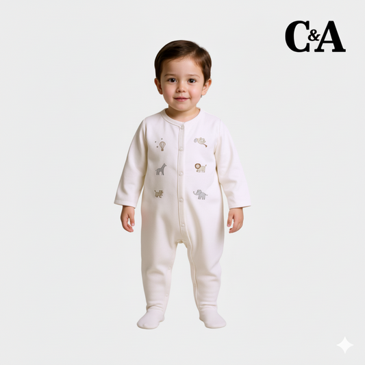 Baby Unisex Velour Sleepsuit – Cream with Safari Animals