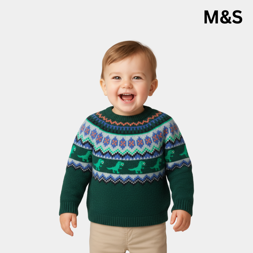 Boys Dinosaur Fair Isle Sweater – Dark Green