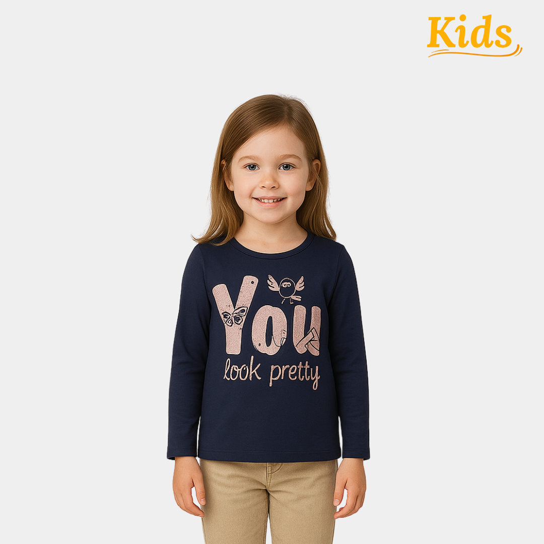 Girls Navy "You Look Pretty" Long Sleeve Tee
