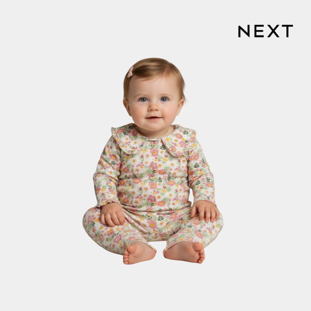 Baby Girls Full Sleeve Sleepsuit – White Green Pink Floral Pattern