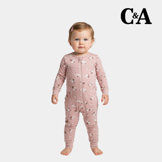 Baby Girls Sleepsuit – Peach Floral Print