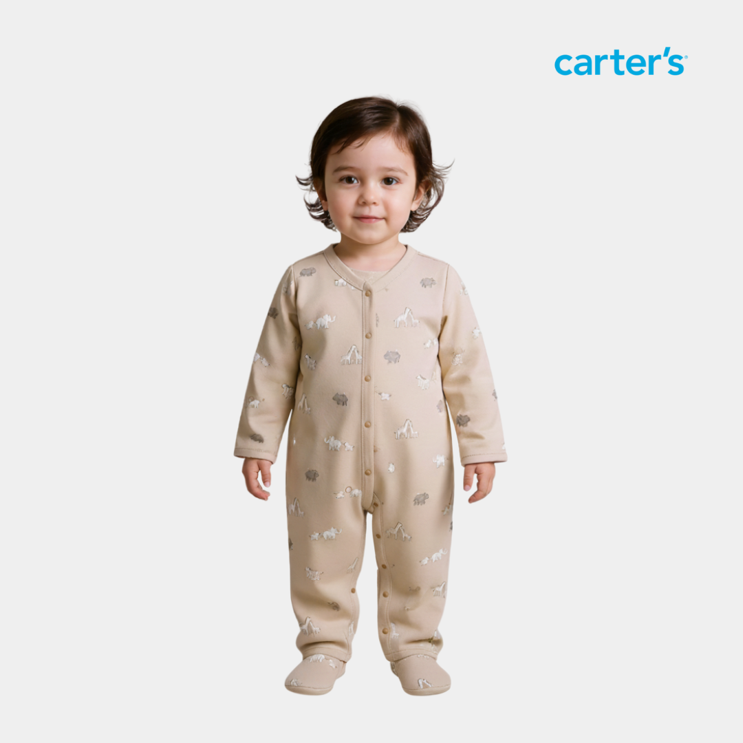 Baby Unisex Sleepsuit – Light Beige Animal Print