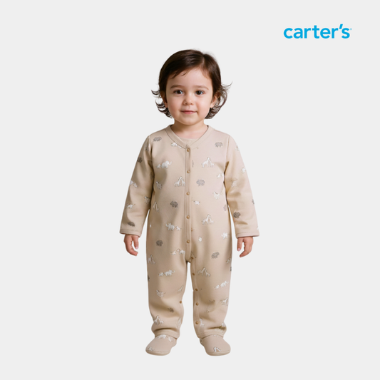 Baby Unisex Sleepsuit – Light Beige Animal Print