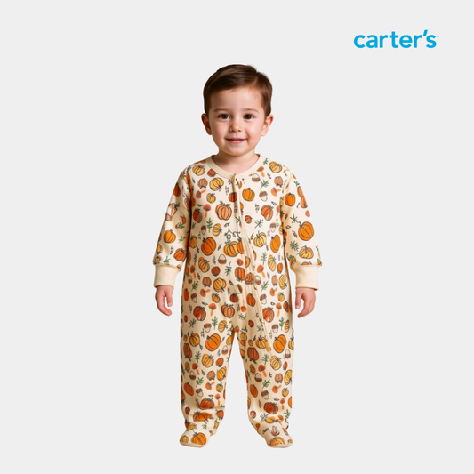 Baby Unisex Sleepsuit – Off White with Pumpkin Print