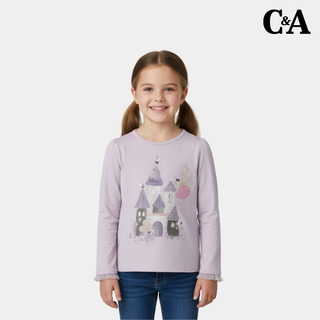 Girls Full Sleeve T-Shirt – Lavender Fairy Castle Print