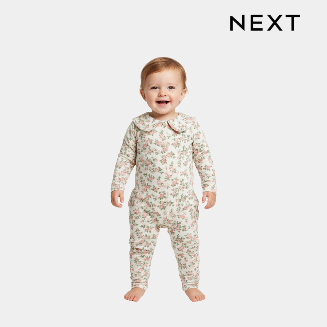 Baby Girls Sleepsuit – Pink Floral Pattern, Full Sleeve