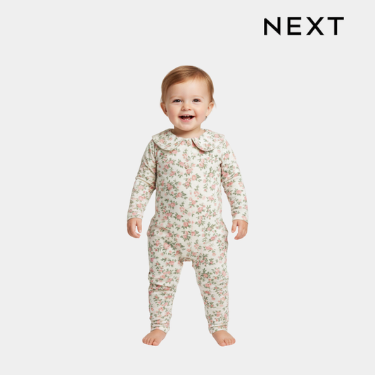 Baby Girls Sleepsuit – Pink Floral Pattern, Full Sleeve