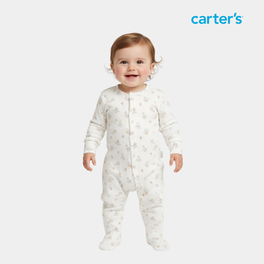 Baby Unisex Floral Footless Sleepsuit – Ivory with Pink & Green Florals