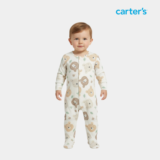 Baby Unisex Sleepsuit – White with Brown Bear Print