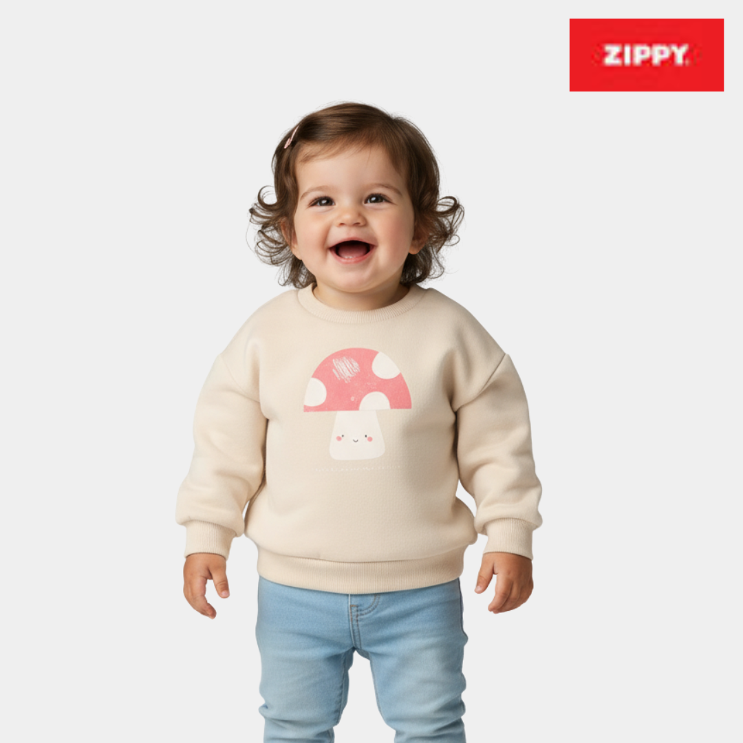 Girls Brushed Sweatshirt – Beige Mushroom Print