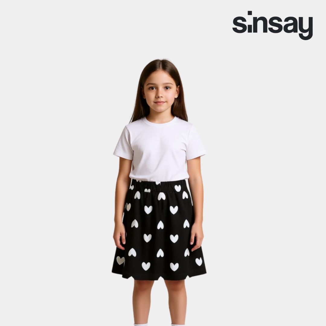 Girls Printed Skirt - Black with White Hearts