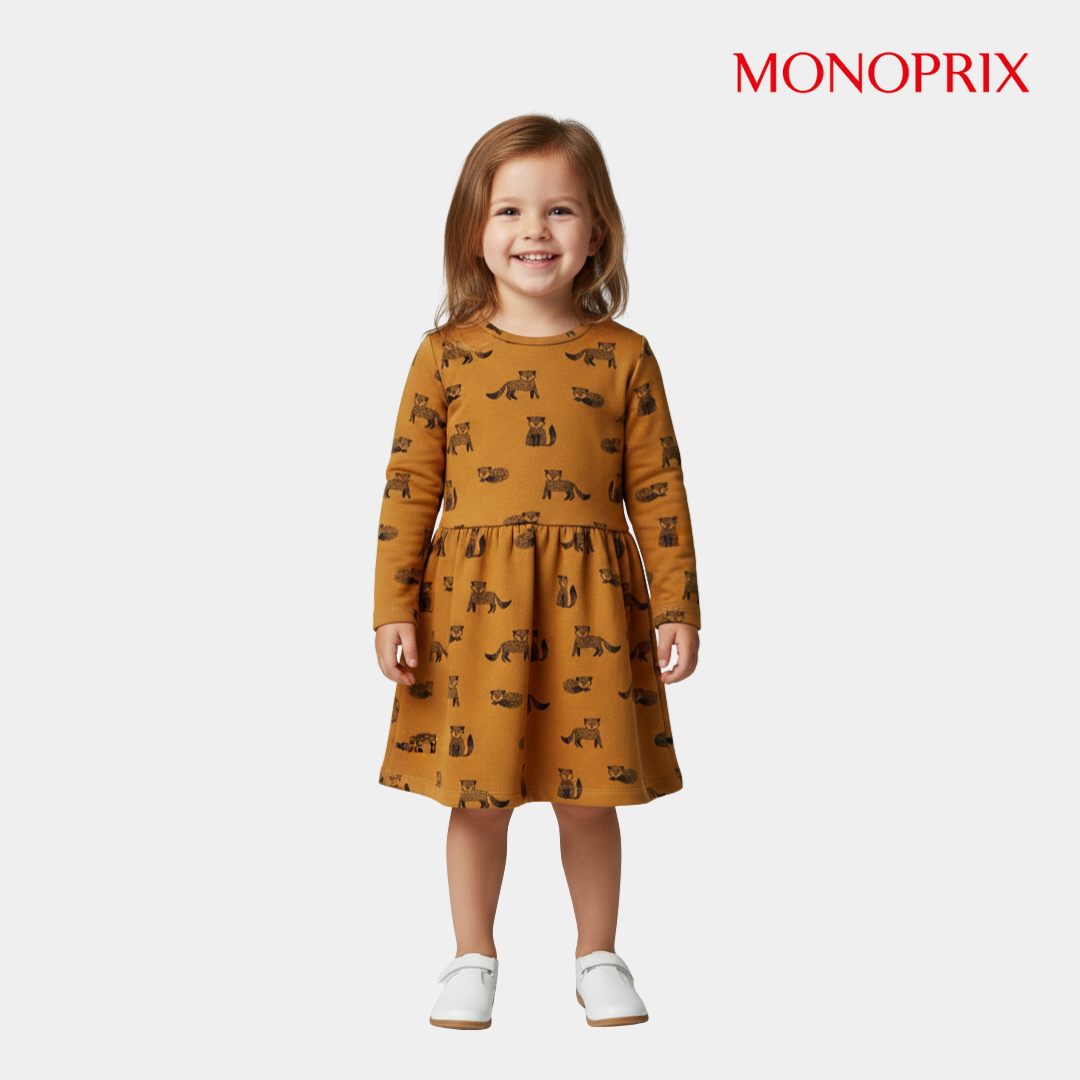 Girls Animal Print Long Sleeve Frok – Mustard