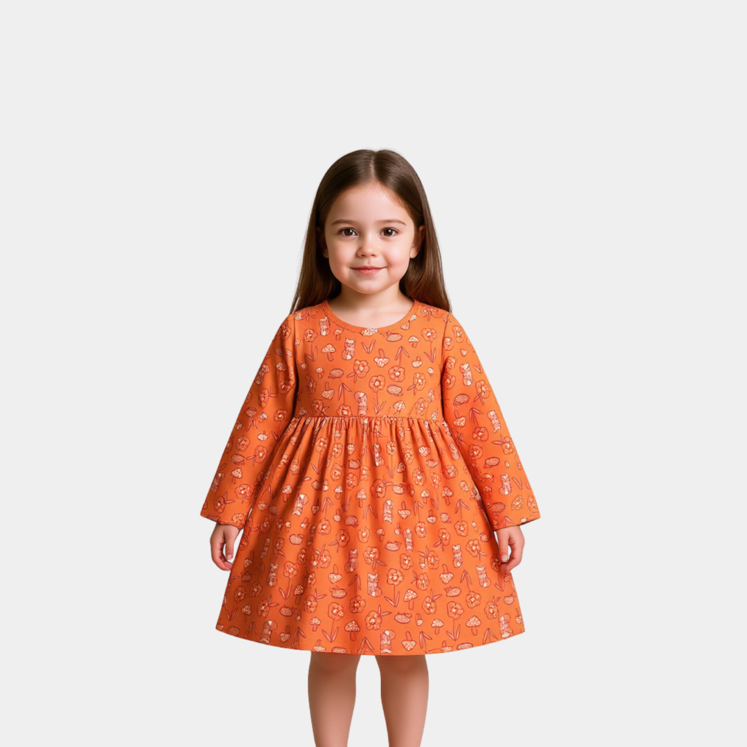 Girls Full Sleeve Floral Frock – Vibrant Orange