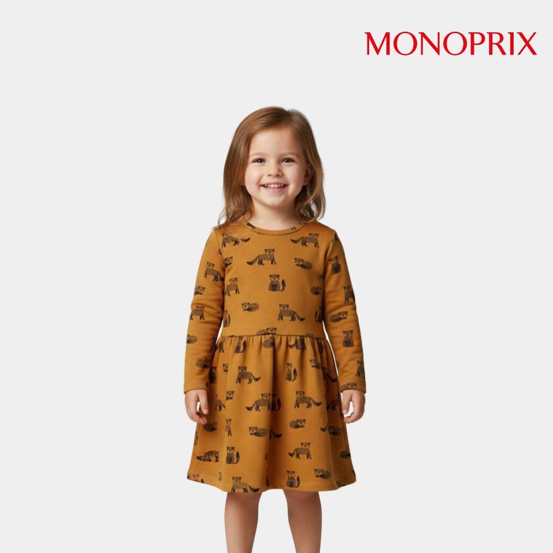 Girls Animal Print Long Sleeve Frok – Mustard