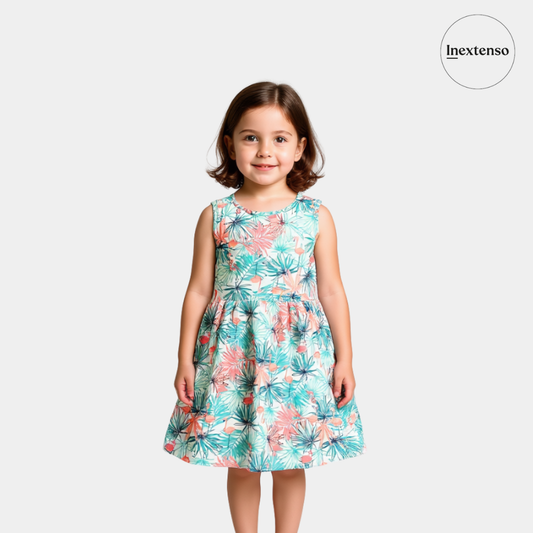 Girls Cotton Frock – Flamingo Leaf Print