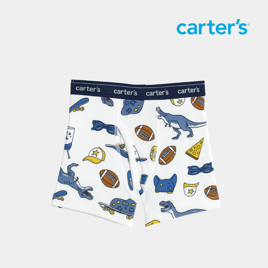 Boys Printed Cotton Boxer Briefs – White Dino & Sports Theme
