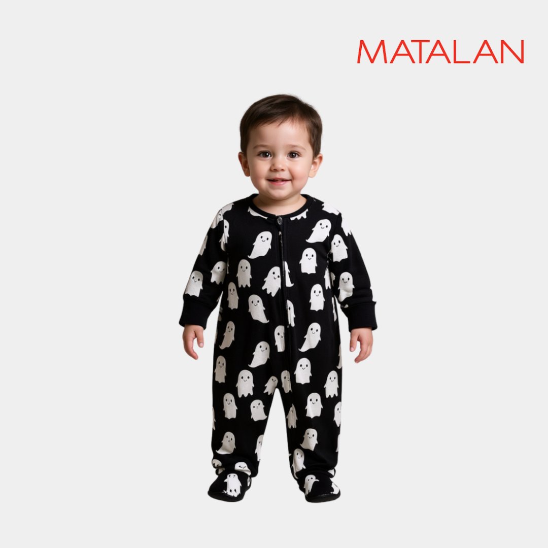 Baby Unisex Sleepsuit – Black with Ghost Print