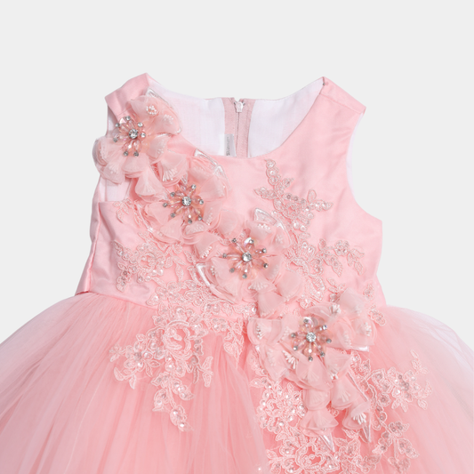 Girls Blush Pink Party Frock – Floral Net Design