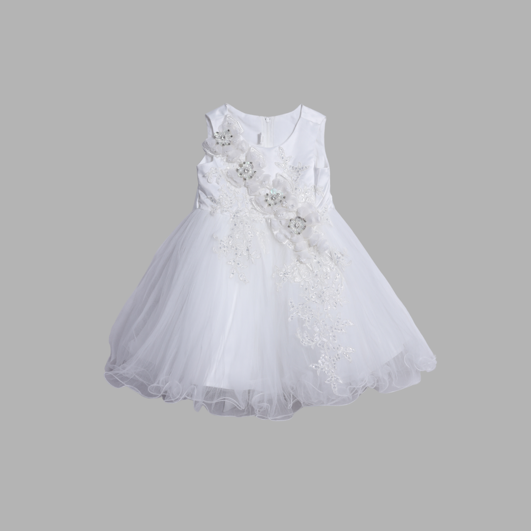 Girls White Floral Party Frock – Net Flare Elegance