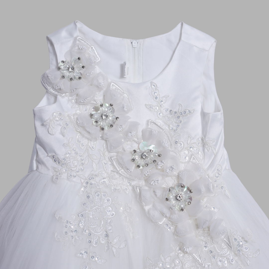 Girls White Floral Party Frock – Net Flare Elegance