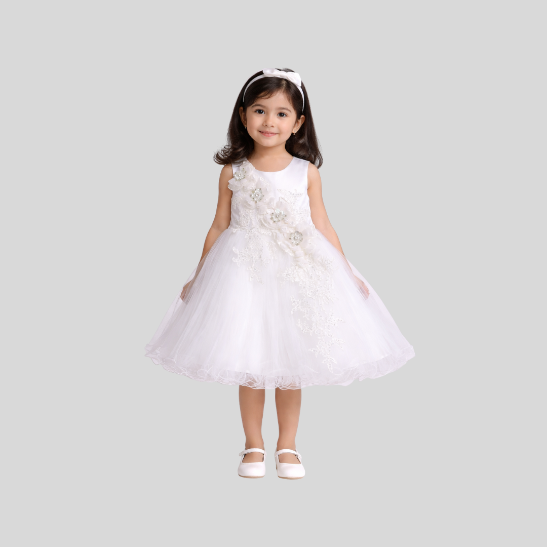 Girls White Floral Party Frock – Net Flare Elegance