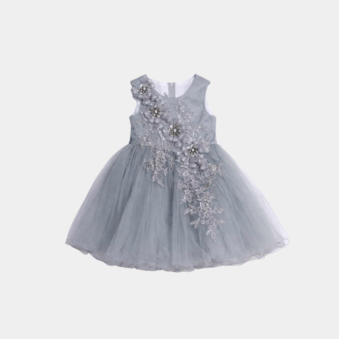 Girls Grey Floral Party Frock – Elegant Net Style