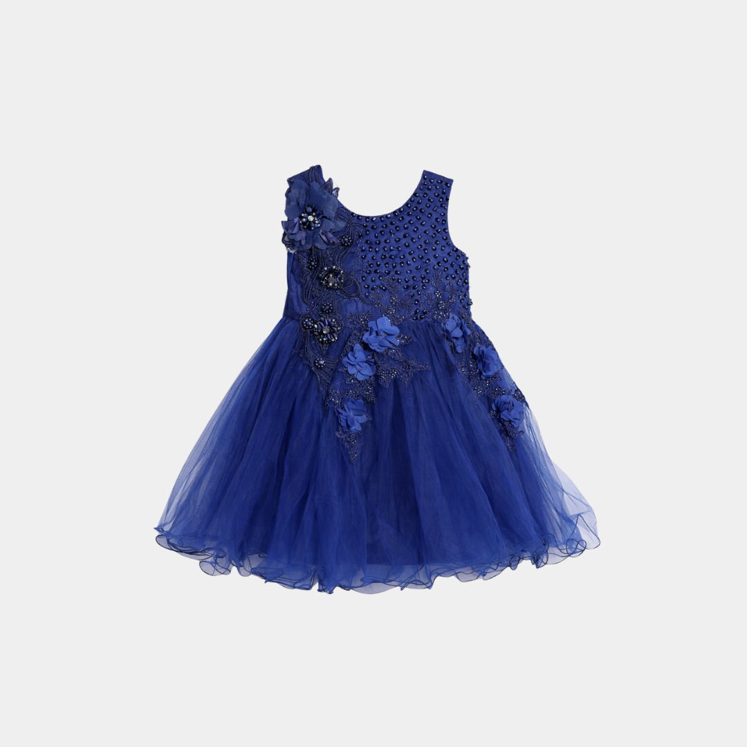 Girls Navy Blue Floral Party Frock – Net Flare