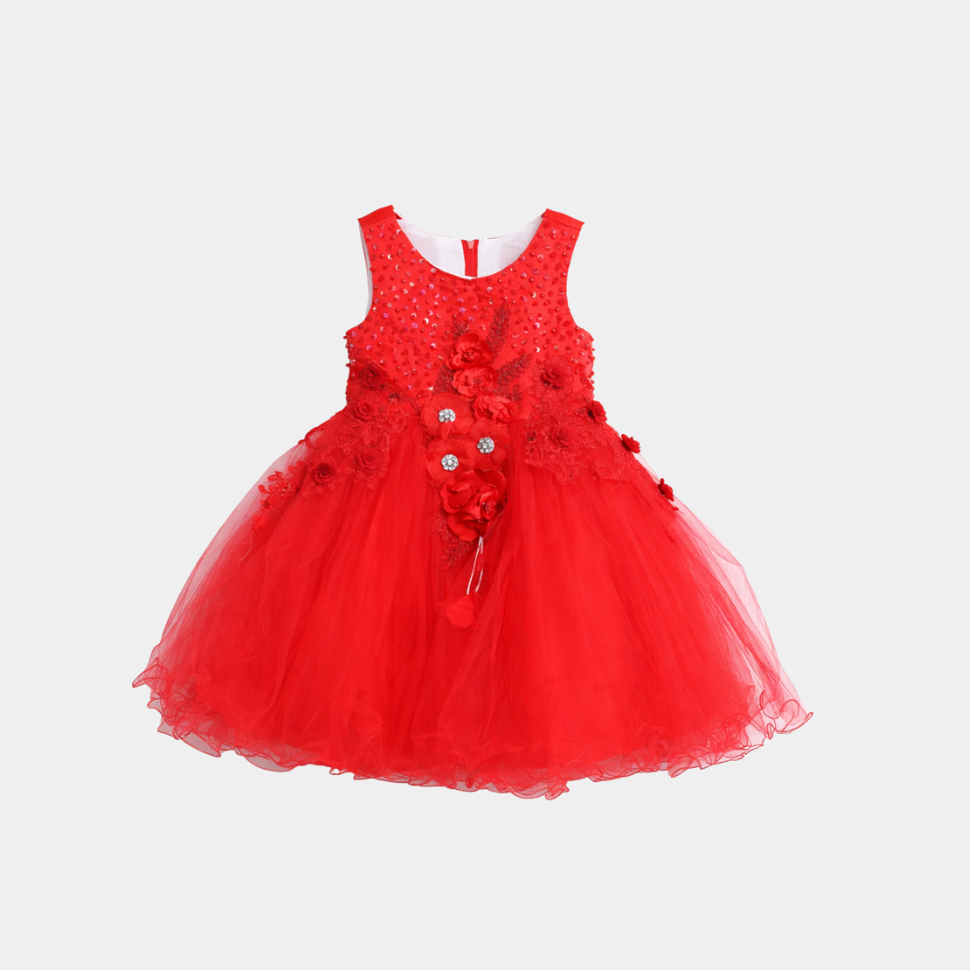 Girls Red Party Frock – Floral Embellished Design