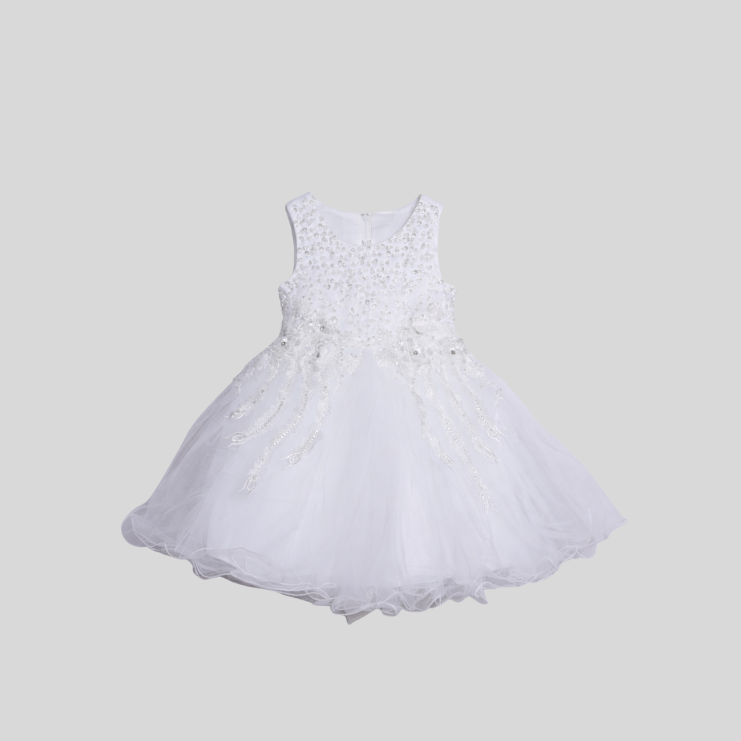 Girls White Pearl Embellished Party Frock