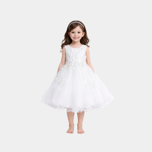 Girls White Pearl Embellished Party Frock