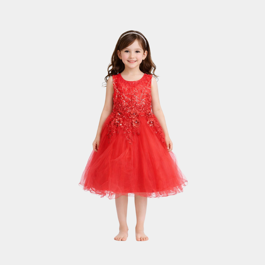 Girls Red Party Dress – Floral Embroidered Tulle Frock