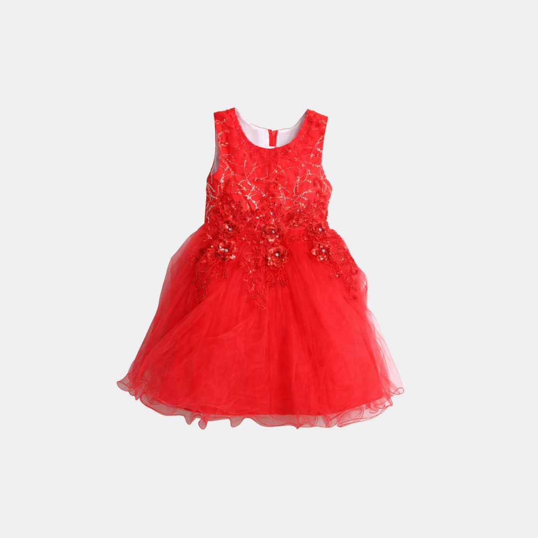 Girls Red Party Dress – Floral Embroidered Tulle Frock