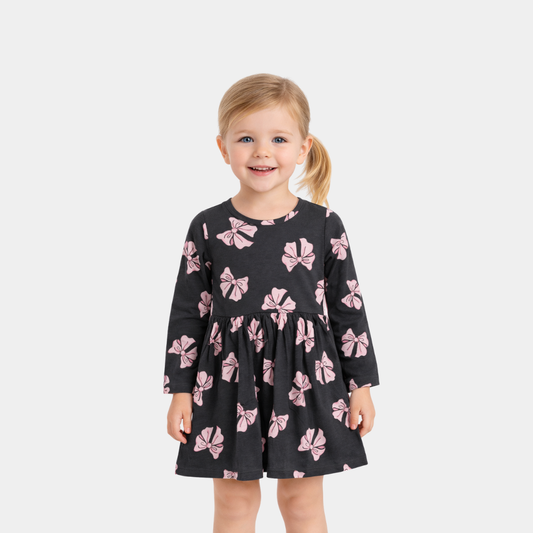 Girls Bow Print Long Sleeve Dress – Soft Cotton