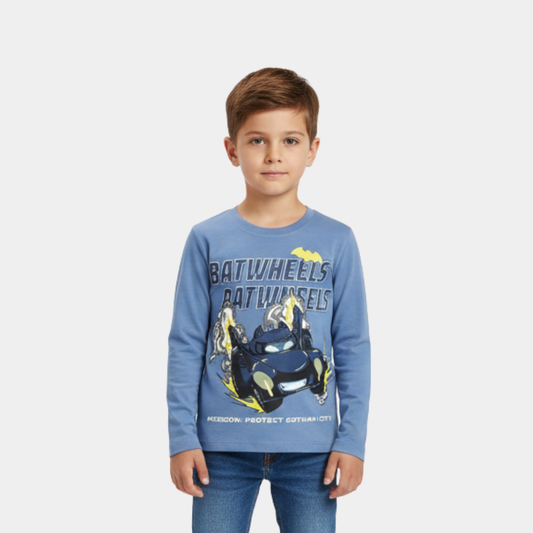 Kids Batman “Batwheels” Blue Long Sleeve T-Shirt