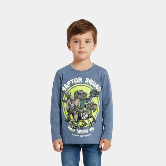 Kids “Raptor Squad” Dinosaur Blue Long Sleeve T-Shirt