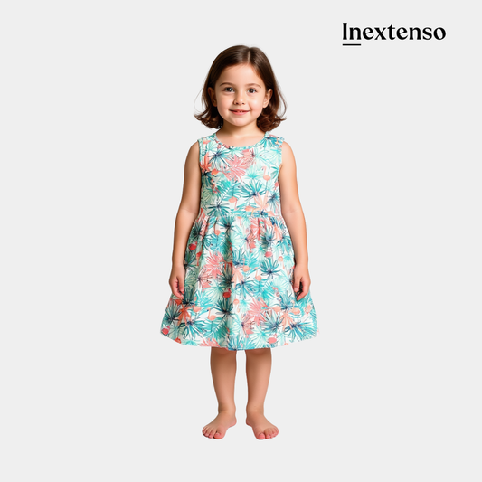 Girls Cotton Frock – Flamingo Leaf Print