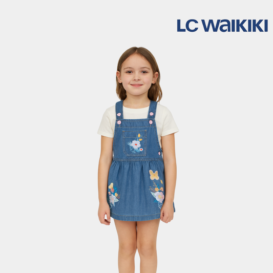 Girls Floral-Print Cotton Dungaree – Denim Light Blue