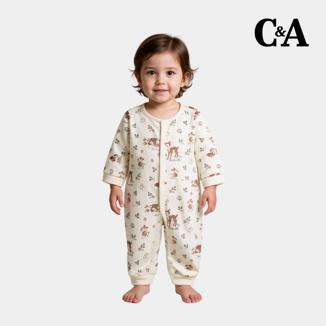 Baby Unisex Full Sleeve Sleepsuit – Off-White with Deer Print