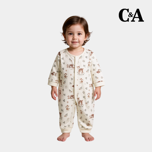 Baby Unisex Full Sleeve Sleepsuit – Off-White with Deer Print