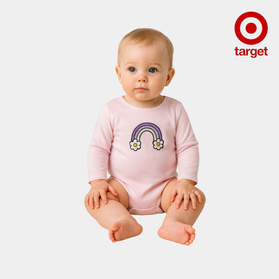 Baby Girls’ Organic Cotton Bodysuit – Rainbow & Flower bouncle Print