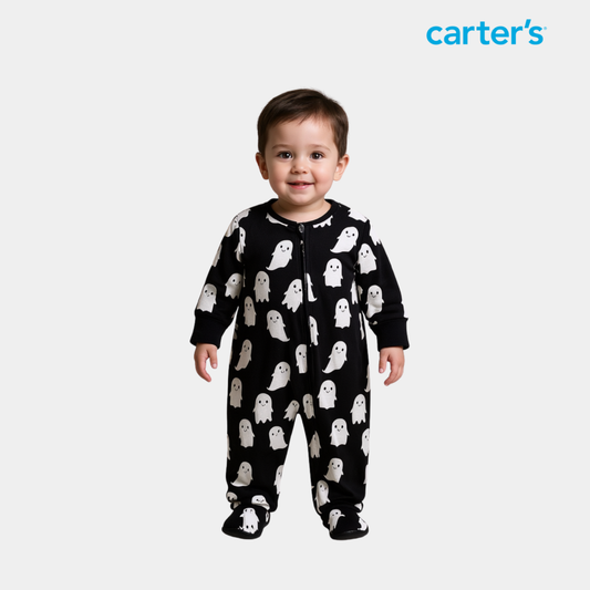 Baby Unisex Sleepsuit – Black with Ghost Print