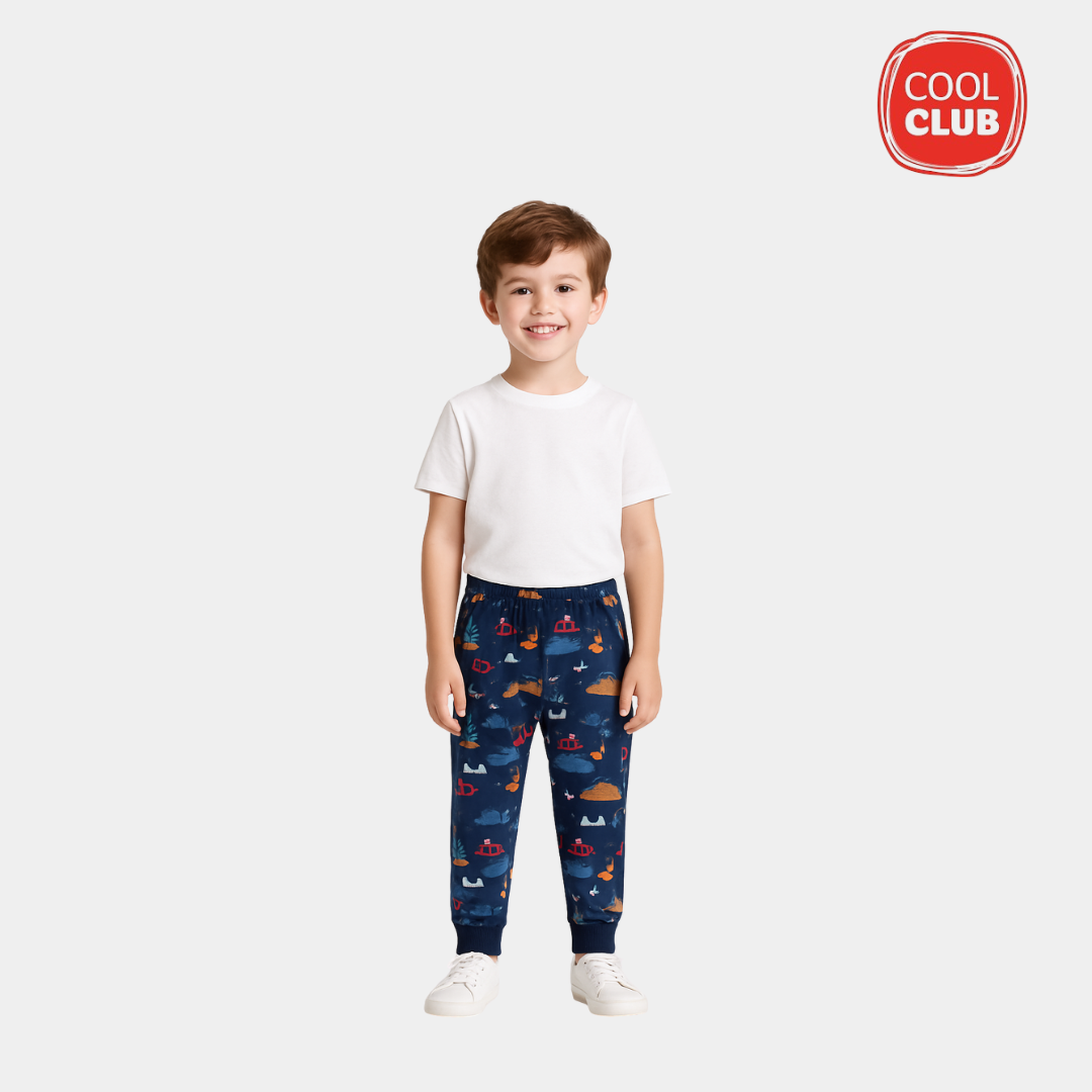 Boys Printed Cotton Trousers - Dark Blue Color