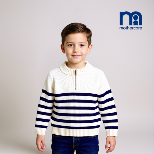 Boys Half-Zip Knitted Jumper - White with Blue Stripes
