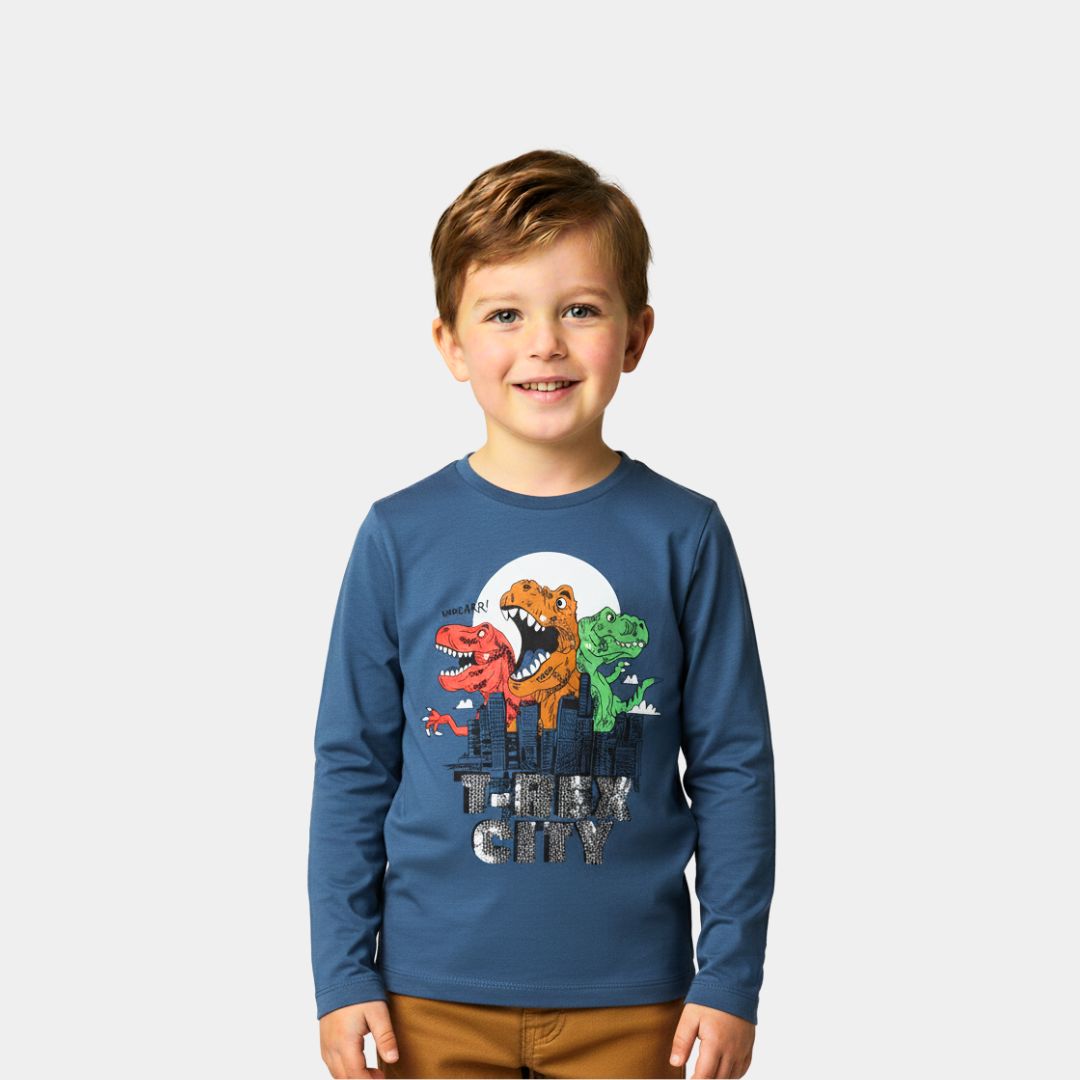 Boys T-Rex City Long Sleeve T-Shirt – Blue