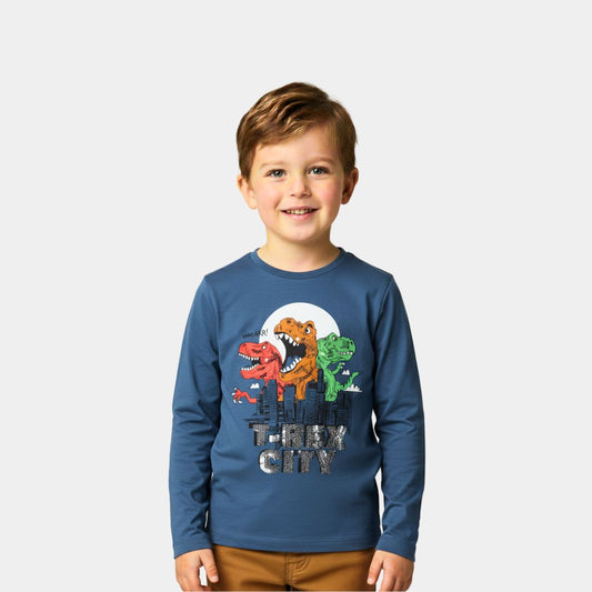 Boys T-Rex City Long Sleeve T-Shirt – Blue
